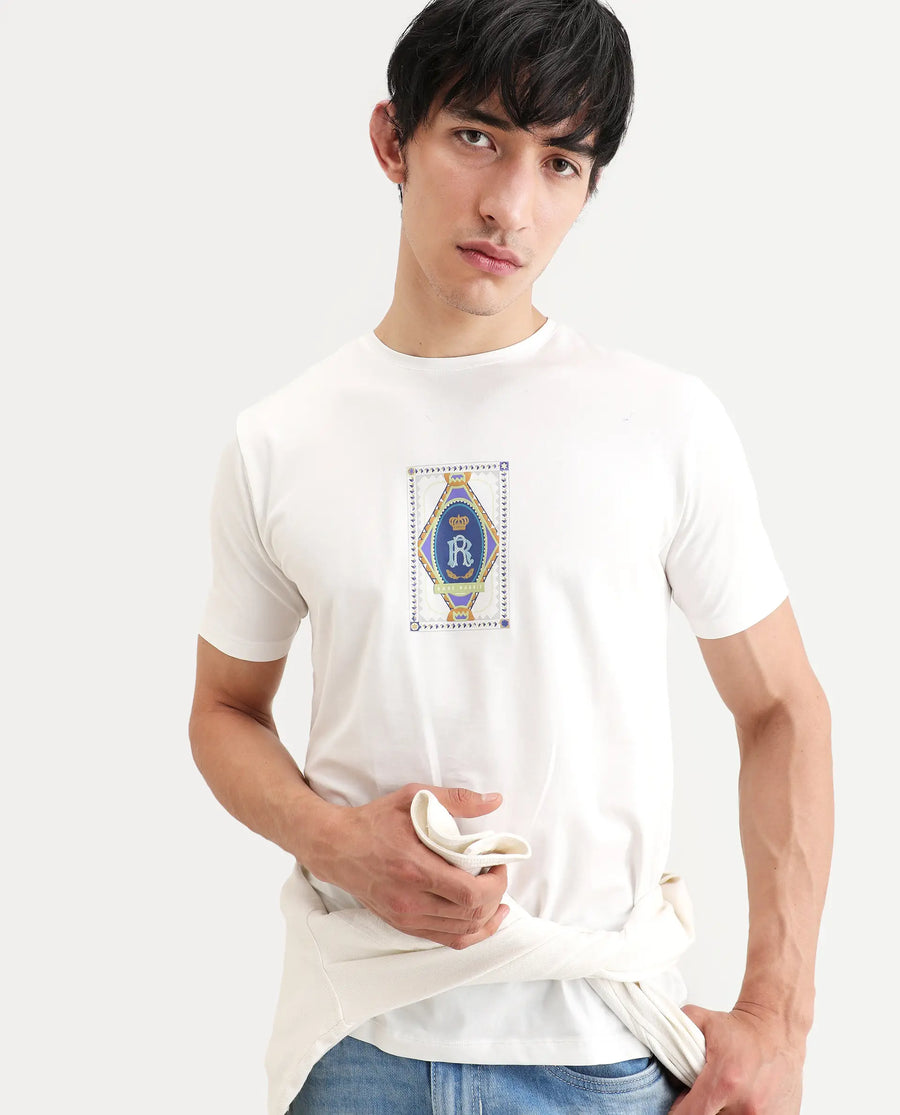 Rare Rabbit Men's Grit Off White Cotton Blend Fabric Half Sleeve Crew Neck Regular Fit Graphic Print T-Shirt
