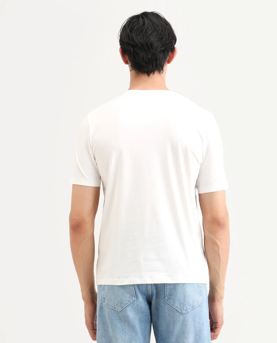 Rare Rabbit Men's Grit Off White Cotton Blend Fabric Half Sleeve Crew Neck Regular Fit Graphic Print T-Shirt