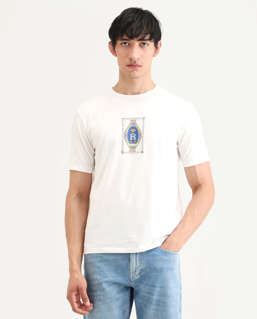 Rare Rabbit Men's Grit Off White Cotton Blend Fabric Half Sleeve Crew Neck Regular Fit Graphic Print T-Shirt