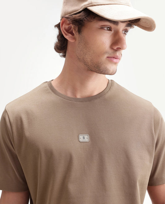 Rare Rabbit Men's Hill Beige Cotton Fabric Half Sleeve Crew Neck Regular Fit Plain T-Shirt