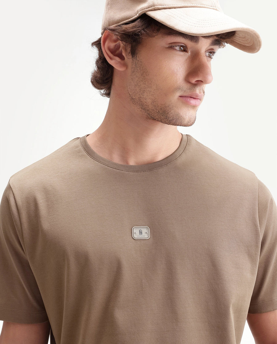 Rare Rabbit Men's Hill Beige Cotton Fabric Half Sleeve Crew Neck Regular Fit Plain T-Shirt