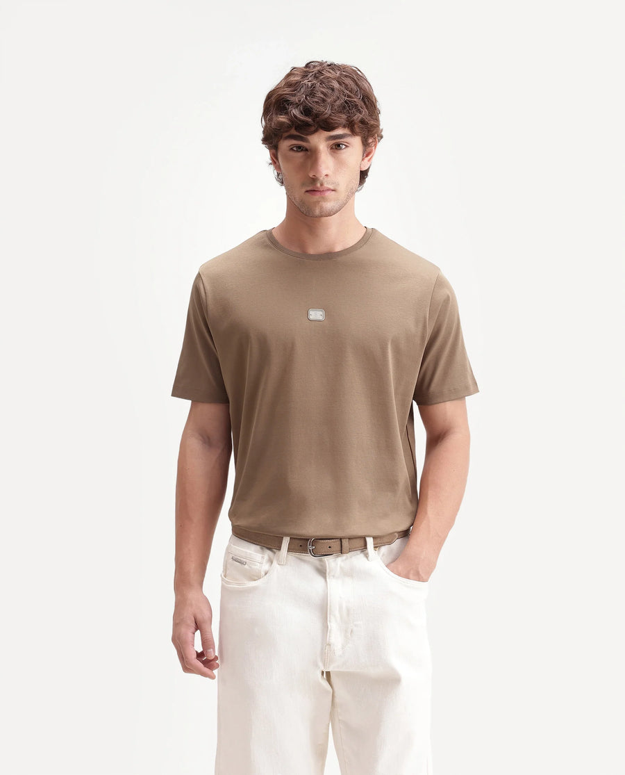 Rare Rabbit Men's Hill Beige Cotton Fabric Half Sleeve Crew Neck Regular Fit Plain T-Shirt