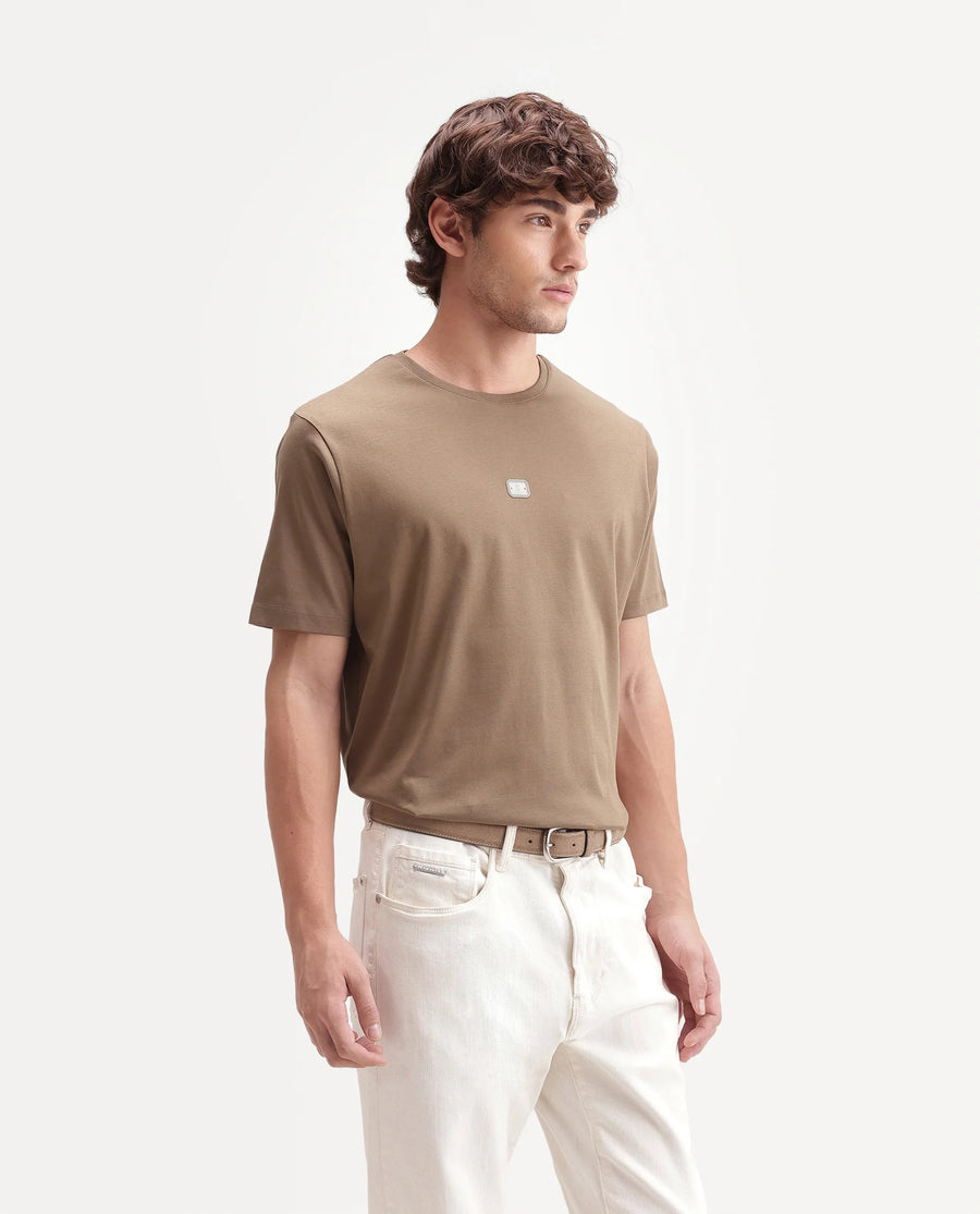 Rare Rabbit Men's Hill Beige Cotton Fabric Half Sleeve Crew Neck Regular Fit Plain T-Shirt
