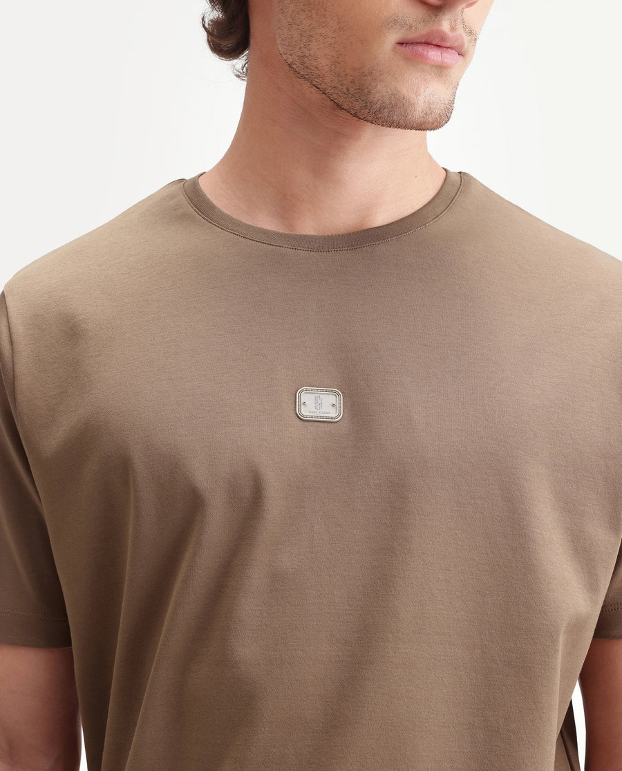 Rare Rabbit Men's Hill Beige Cotton Fabric Half Sleeve Crew Neck Regular Fit Plain T-Shirt