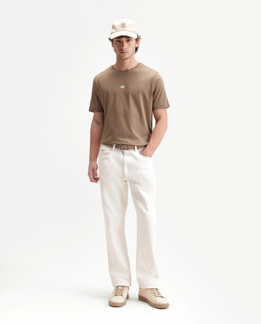 Rare Rabbit Men's Hill Beige Cotton Fabric Half Sleeve Crew Neck Regular Fit Plain T-Shirt