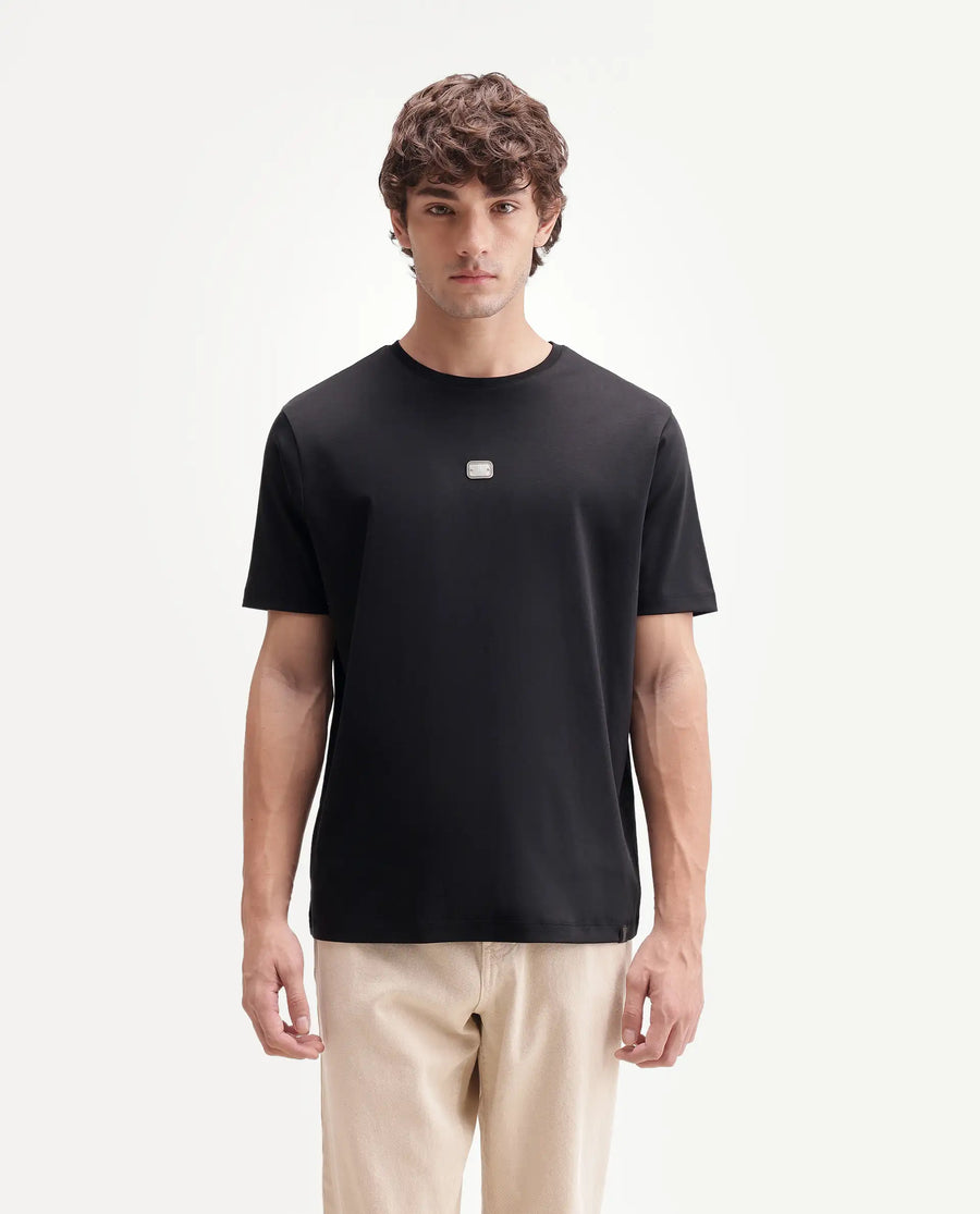 Rare Rabbit Men's Hill Black Cotton Fabric Half Sleeve Crew Neck Regular Fit Plain T-Shirt