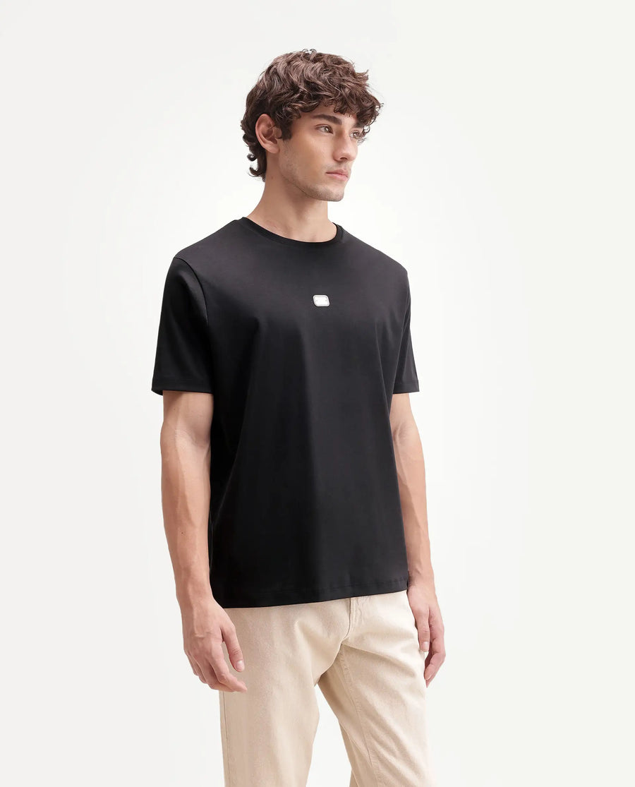 Rare Rabbit Men's Hill Black Cotton Fabric Half Sleeve Crew Neck Regular Fit Plain T-Shirt