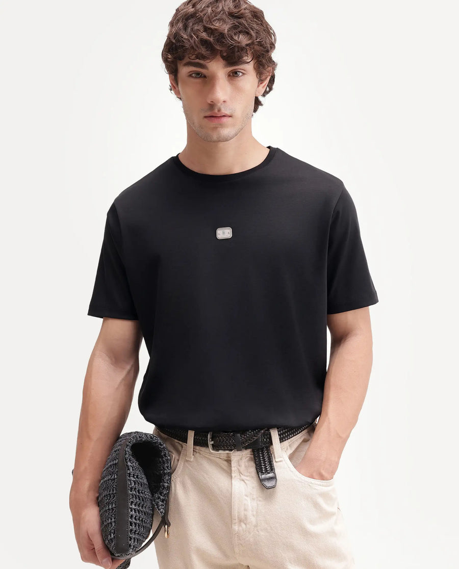Rare Rabbit Men's Hill Black Cotton Fabric Half Sleeve Crew Neck Regular Fit Plain T-Shirt