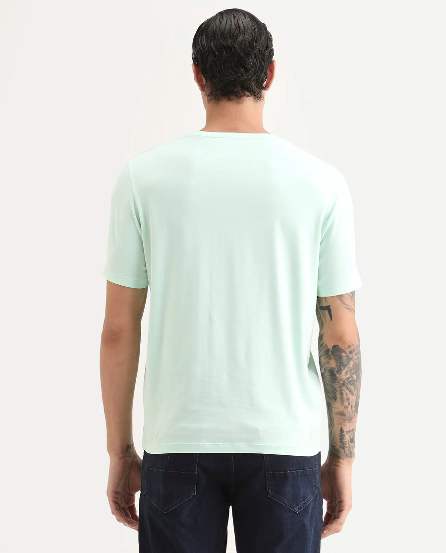 Rare Rabbit Men's Icy Pastel Green Cotton Blend Fabric Half Sleeve Crew Neck Regular Fit Graphic Print T-Shirt
