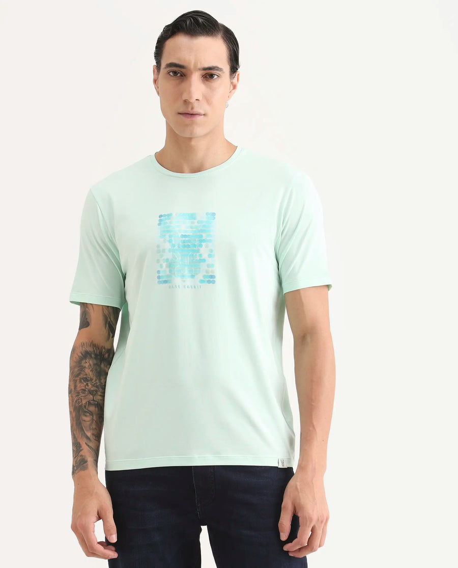 Rare Rabbit Men's Icy Pastel Green Cotton Blend Fabric Half Sleeve Crew Neck Regular Fit Graphic Print T-Shirt