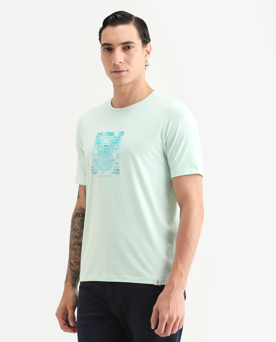 Rare Rabbit Men's Icy Pastel Green Cotton Blend Fabric Half Sleeve Crew Neck Regular Fit Graphic Print T-Shirt