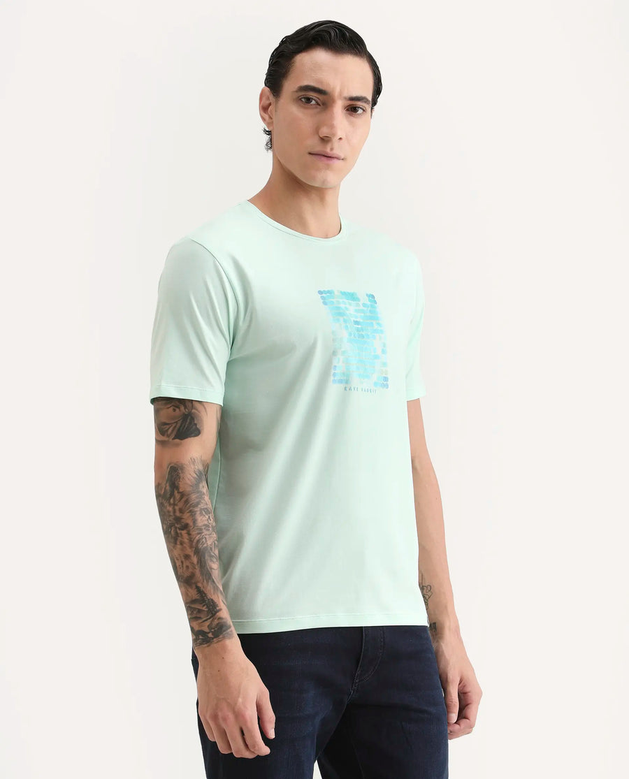 Rare Rabbit Men's Icy Pastel Green Cotton Blend Fabric Half Sleeve Crew Neck Regular Fit Graphic Print T-Shirt