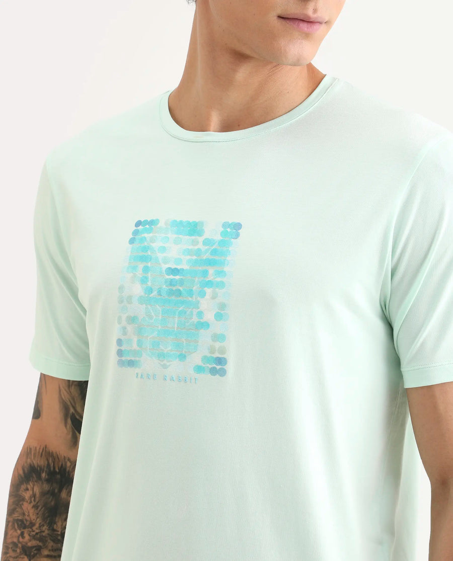 Rare Rabbit Men's Icy Pastel Green Cotton Blend Fabric Half Sleeve Crew Neck Regular Fit Graphic Print T-Shirt