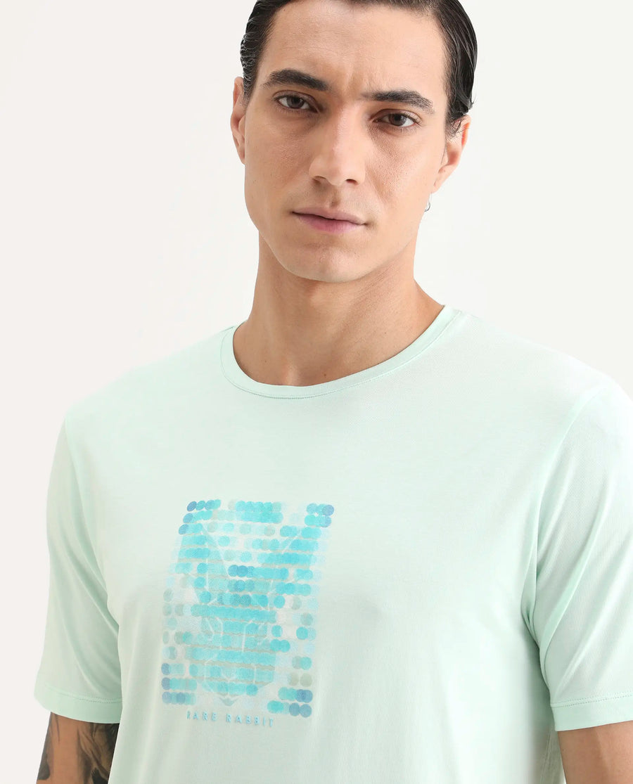 Rare Rabbit Men's Icy Pastel Green Cotton Blend Fabric Half Sleeve Crew Neck Regular Fit Graphic Print T-Shirt