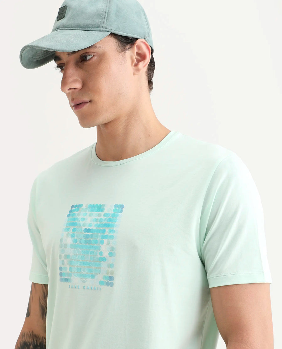 Rare Rabbit Men's Icy Pastel Green Cotton Blend Fabric Half Sleeve Crew Neck Regular Fit Graphic Print T-Shirt
