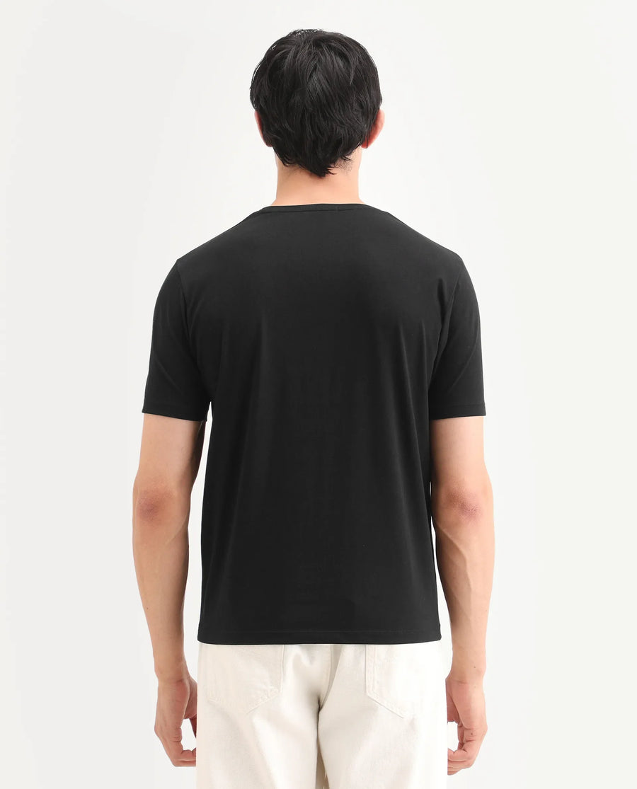 Rare Rabbit Men's Icy Black Cotton Blend Fabric Half Sleeve Crew Neck Regular Fit Graphic Print T-Shirt