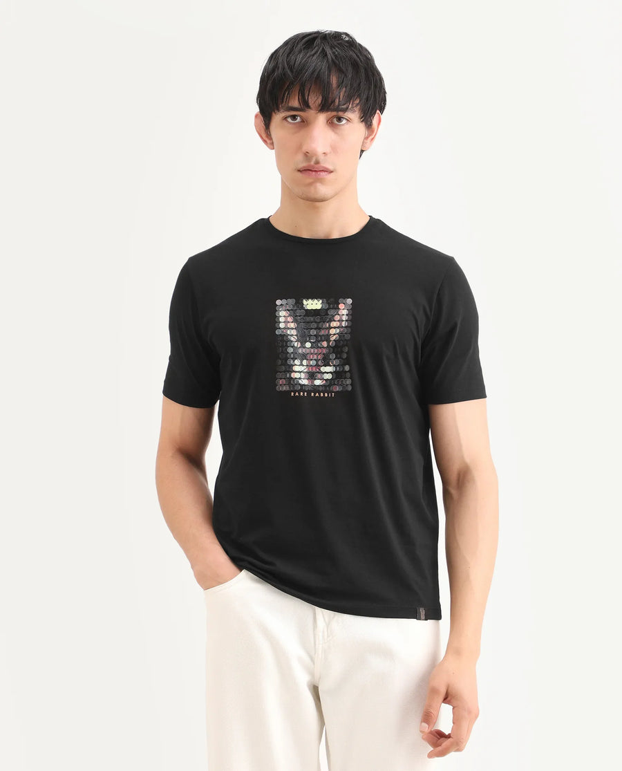 Rare Rabbit Men's Icy Black Cotton Blend Fabric Half Sleeve Crew Neck Regular Fit Graphic Print T-Shirt