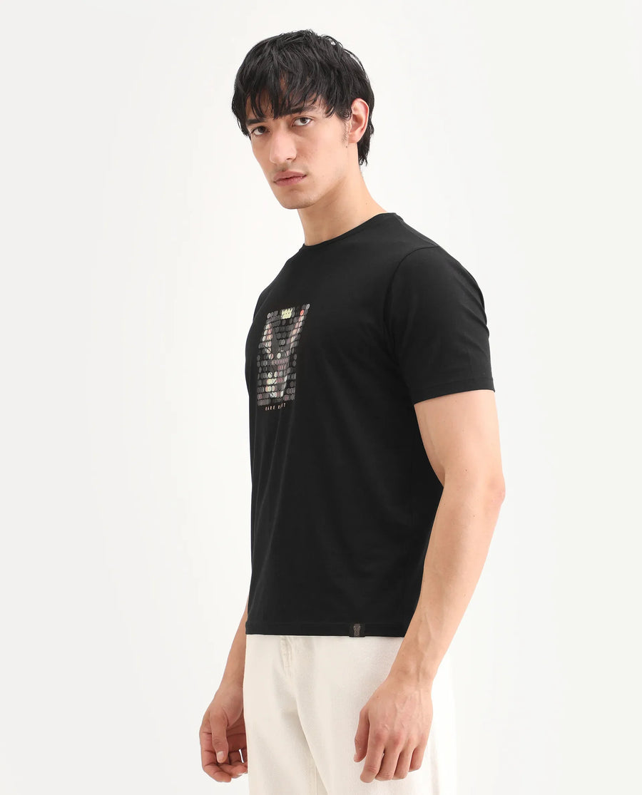 Rare Rabbit Men's Icy Black Cotton Blend Fabric Half Sleeve Crew Neck Regular Fit Graphic Print T-Shirt