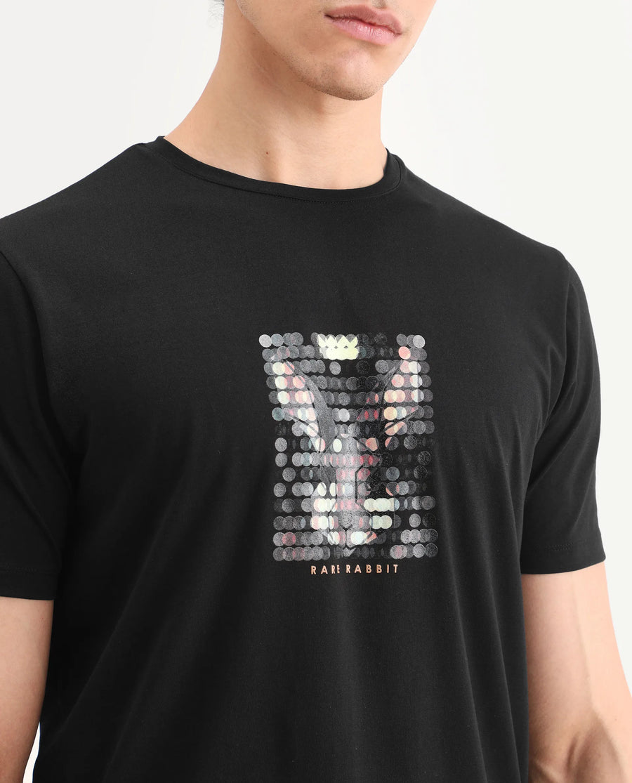 Rare Rabbit Men's Icy Black Cotton Blend Fabric Half Sleeve Crew Neck Regular Fit Graphic Print T-Shirt
