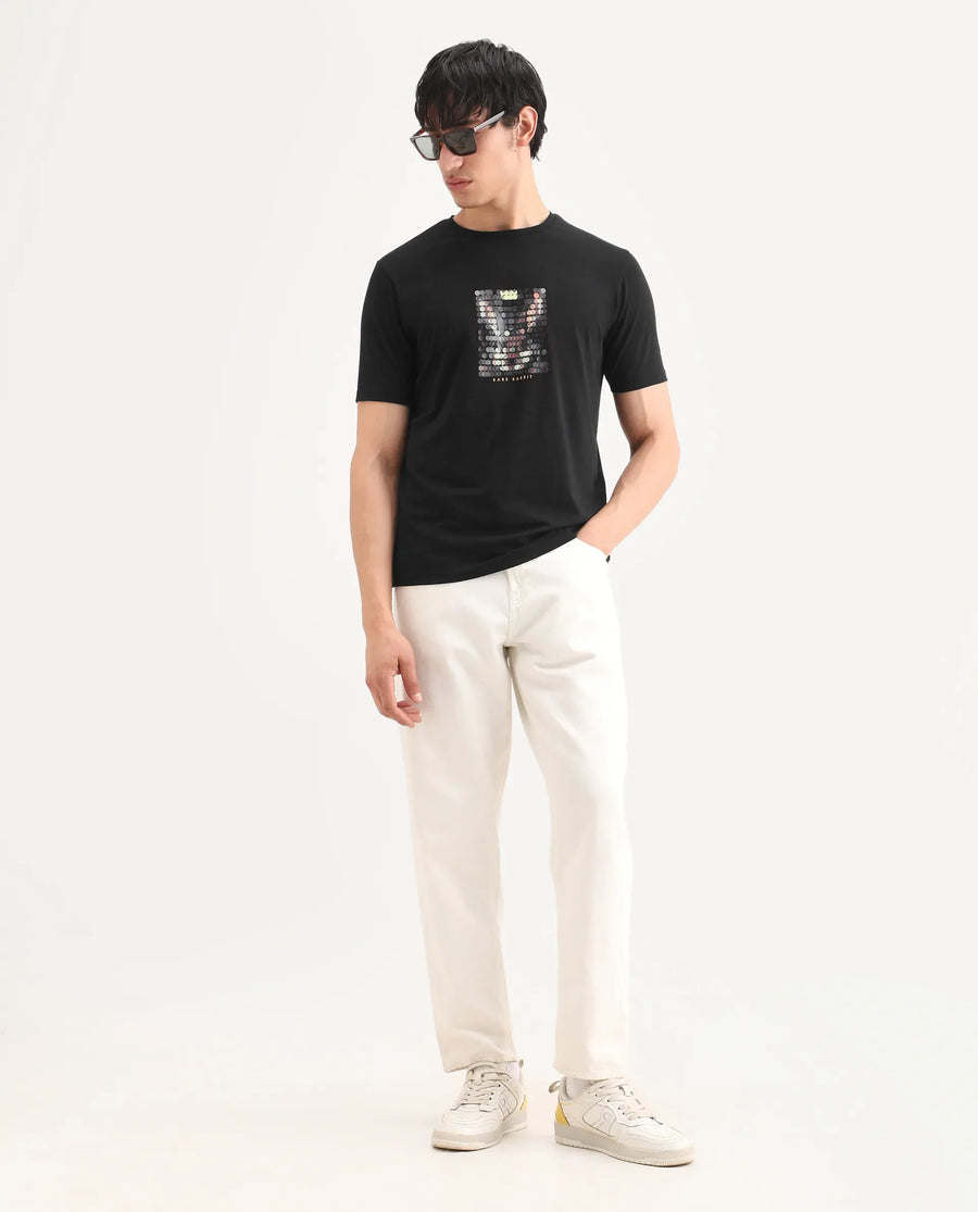 Rare Rabbit Men's Icy Black Cotton Blend Fabric Half Sleeve Crew Neck Regular Fit Graphic Print T-Shirt