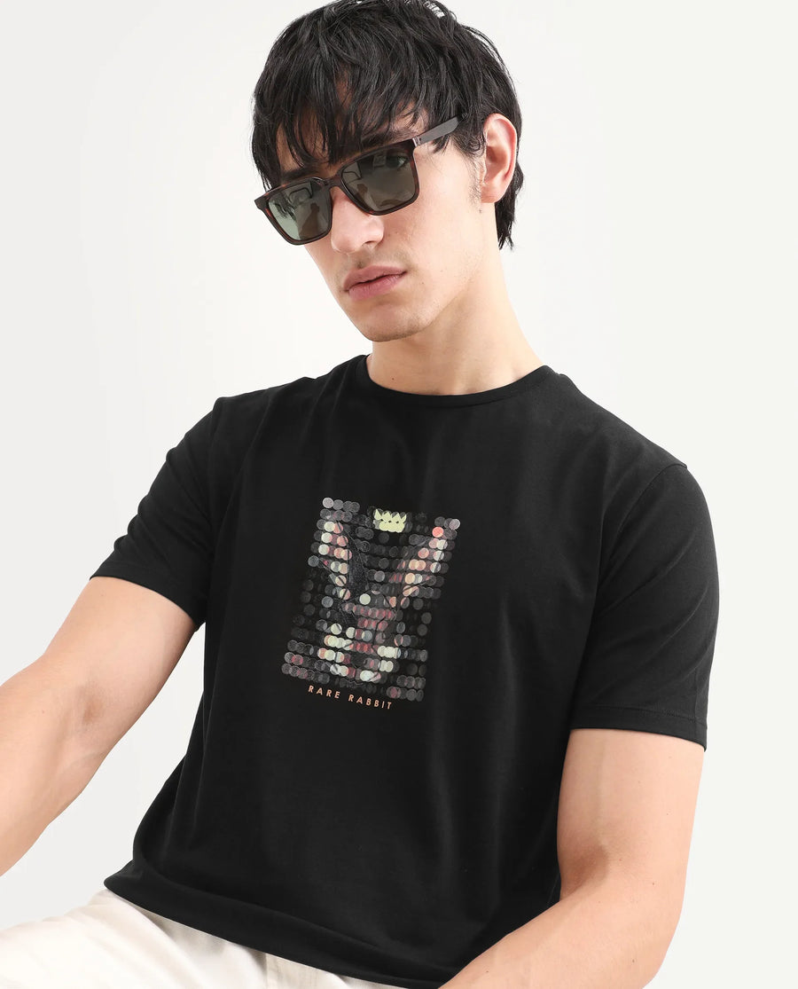 Rare Rabbit Men's Icy Black Cotton Blend Fabric Half Sleeve Crew Neck Regular Fit Graphic Print T-Shirt