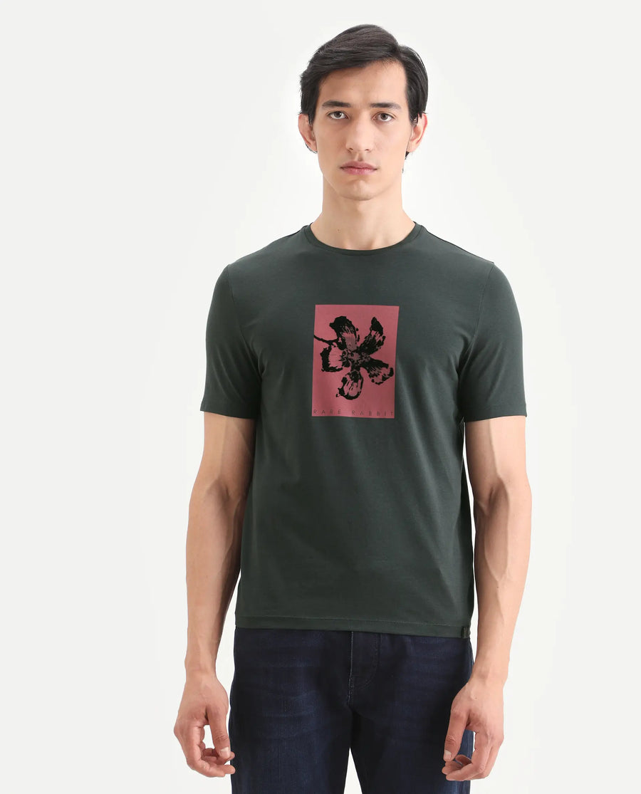 Rare Rabbit Men's Ingi Dark Grey Cotton Blend Fabric Half Sleeve Crew Neck Regular Fit Graphic Print T-Shirt