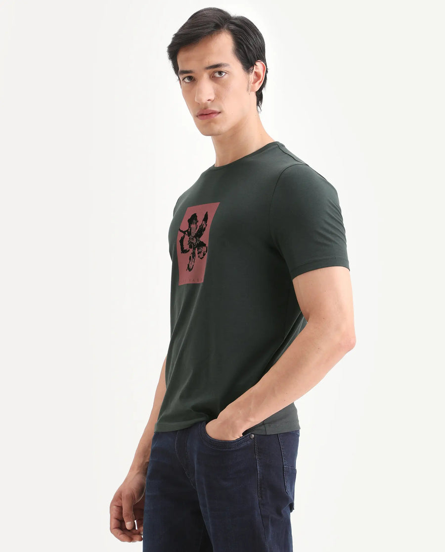 Rare Rabbit Men's Ingi Dark Grey Cotton Blend Fabric Half Sleeve Crew Neck Regular Fit Graphic Print T-Shirt