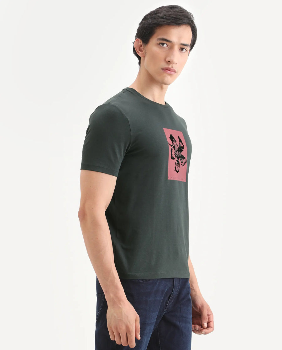 Rare Rabbit Men's Ingi Dark Grey Cotton Blend Fabric Half Sleeve Crew Neck Regular Fit Graphic Print T-Shirt
