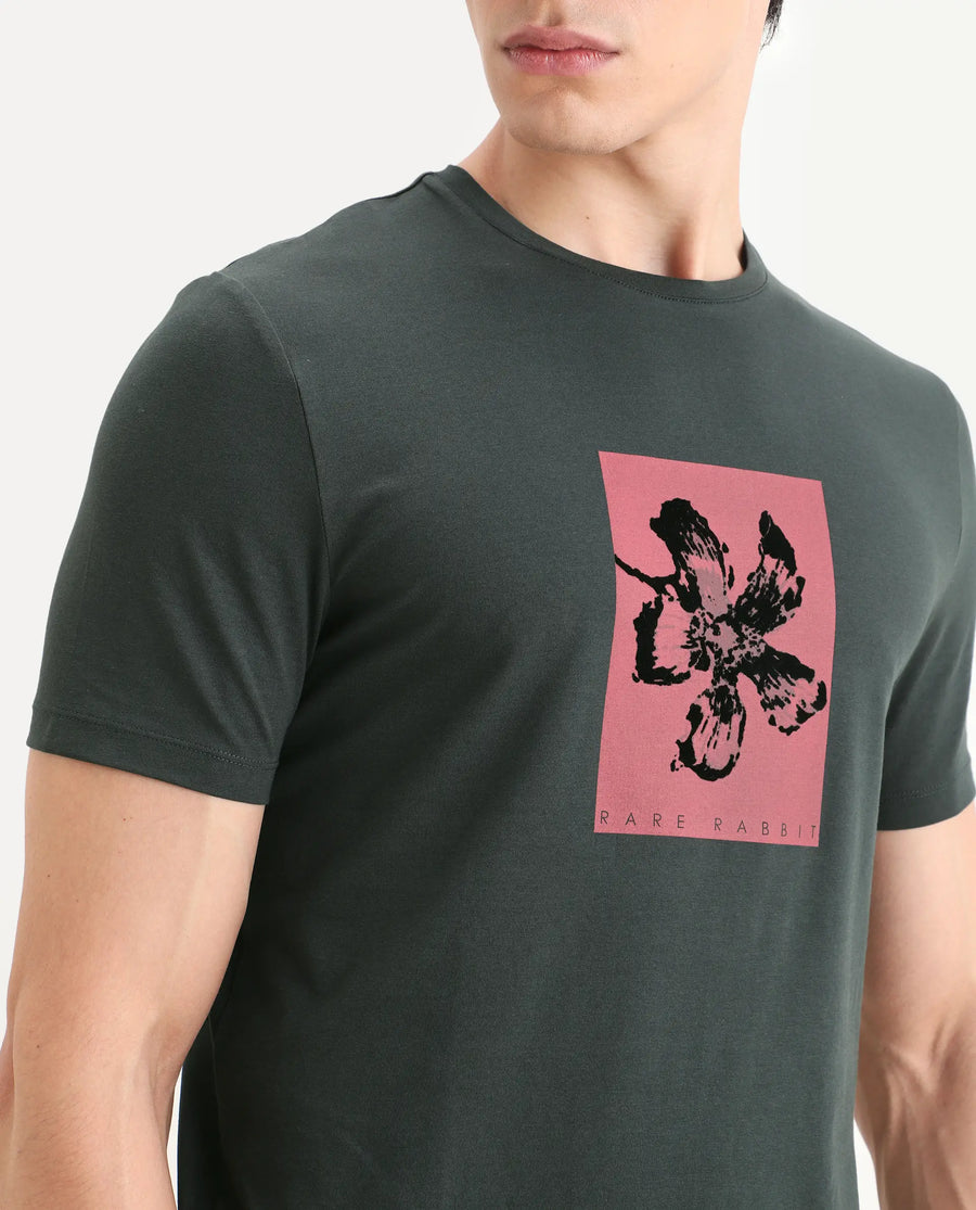Rare Rabbit Men's Ingi Dark Grey Cotton Blend Fabric Half Sleeve Crew Neck Regular Fit Graphic Print T-Shirt