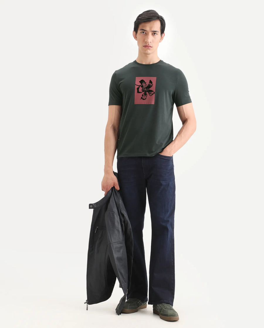 Rare Rabbit Men's Ingi Dark Grey Cotton Blend Fabric Half Sleeve Crew Neck Regular Fit Graphic Print T-Shirt