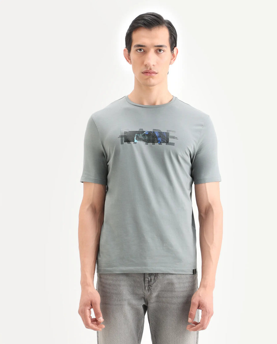 Rare Rabbit Men's Jaars Dark Grey Cotton Blend Fabric Half Sleeve Crew Neck Regular Fit Graphic Print T-Shirt