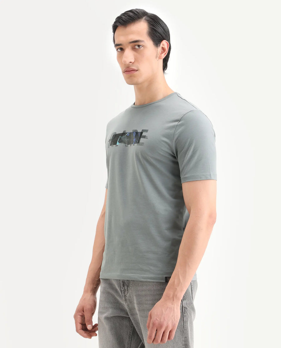 Rare Rabbit Men's Jaars Dark Grey Cotton Blend Fabric Half Sleeve Crew Neck Regular Fit Graphic Print T-Shirt