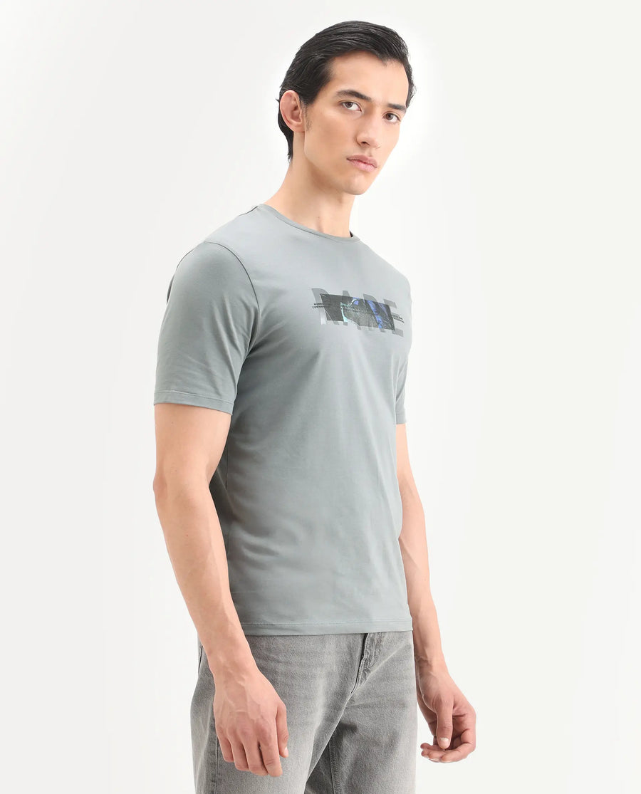 Rare Rabbit Men's Jaars Dark Grey Cotton Blend Fabric Half Sleeve Crew Neck Regular Fit Graphic Print T-Shirt