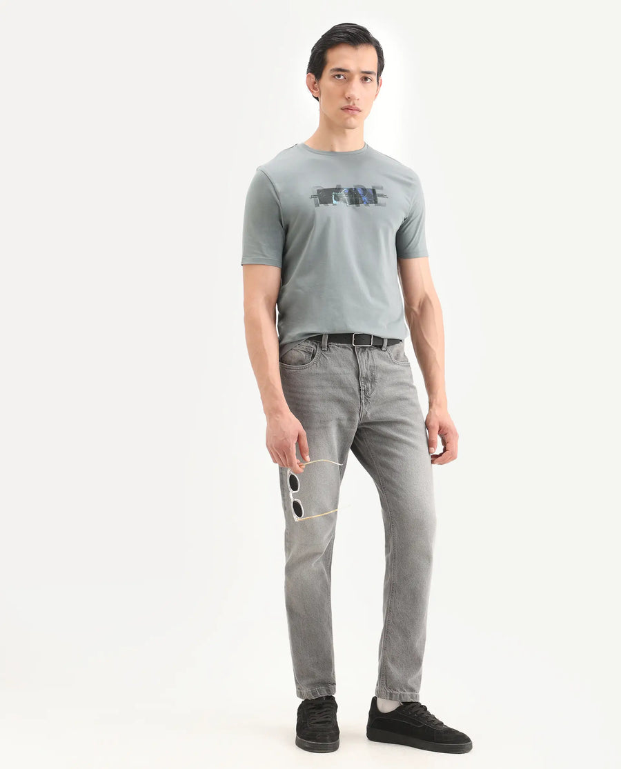 Rare Rabbit Men's Jaars Dark Grey Cotton Blend Fabric Half Sleeve Crew Neck Regular Fit Graphic Print T-Shirt