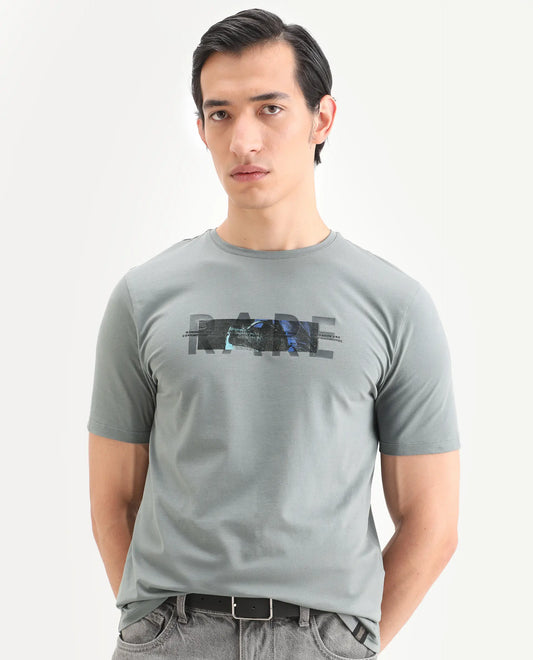 Rare Rabbit Men's Jaars Dark Grey Cotton Blend Fabric Half Sleeve Crew Neck Regular Fit Graphic Print T-Shirt