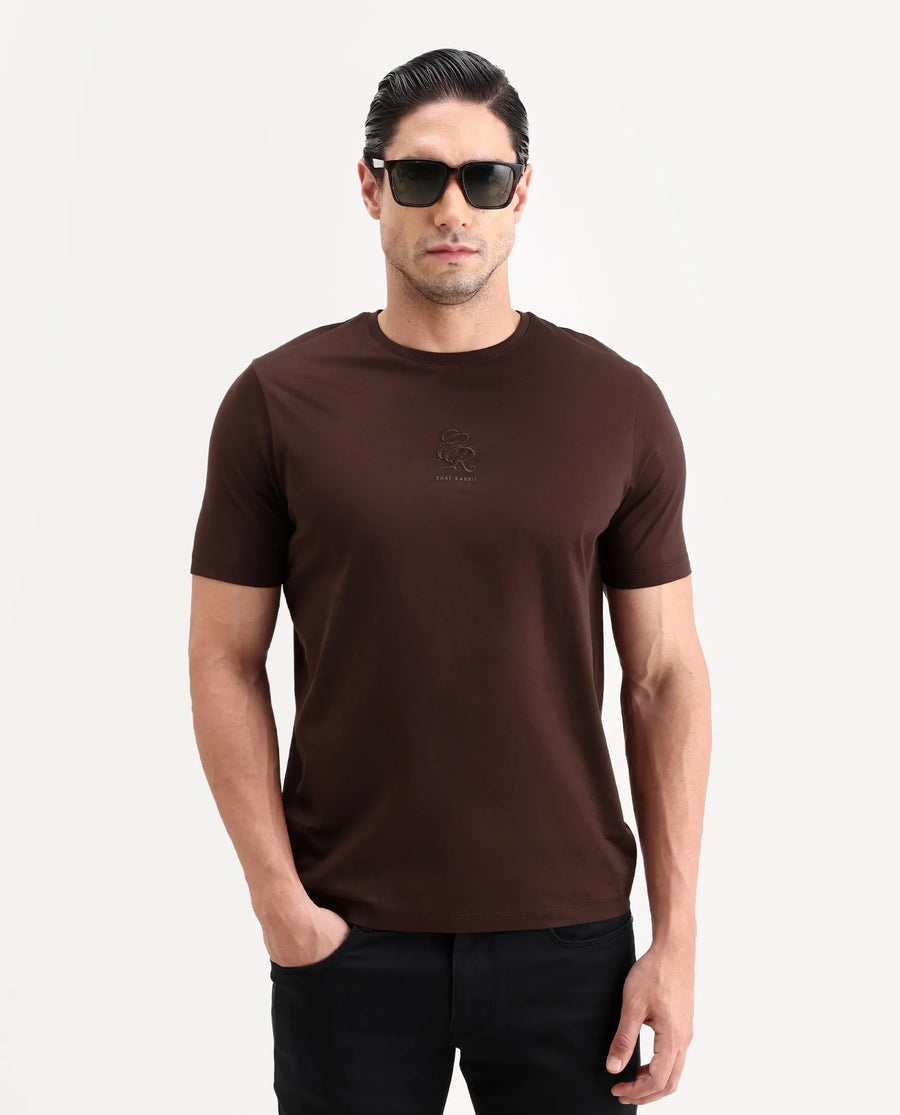 Rare Rabbit Men's Ject-S26 Dark Brown Cotton Fabric Half Sleeve Crew Neck Regular Fit Embroidered T-Shirt