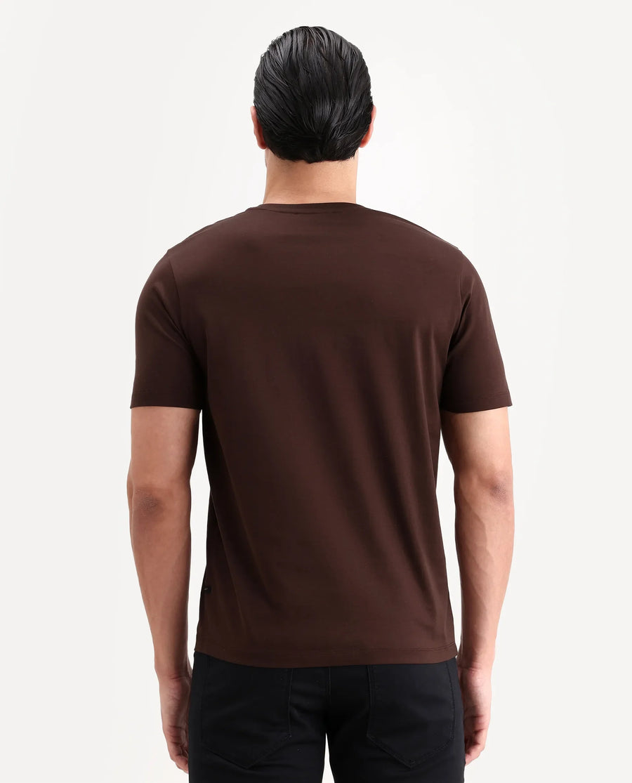 Rare Rabbit Men's Ject-S26 Dark Brown Cotton Fabric Half Sleeve Crew Neck Regular Fit Embroidered T-Shirt