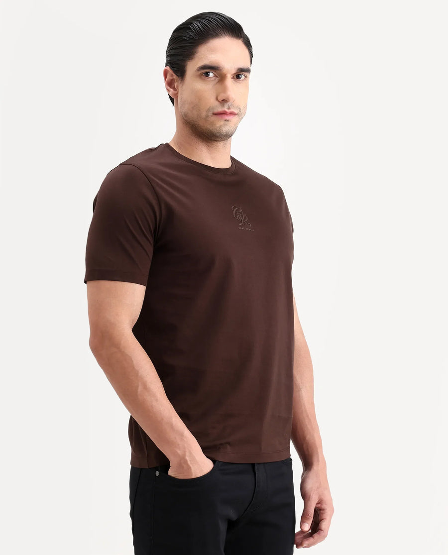 Rare Rabbit Men's Ject-S26 Dark Brown Cotton Fabric Half Sleeve Crew Neck Regular Fit Embroidered T-Shirt