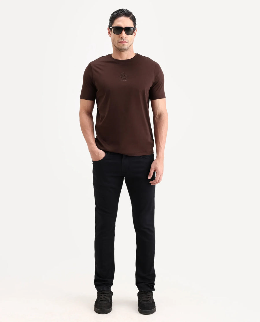Rare Rabbit Men's Ject-S26 Dark Brown Cotton Fabric Half Sleeve Crew Neck Regular Fit Embroidered T-Shirt
