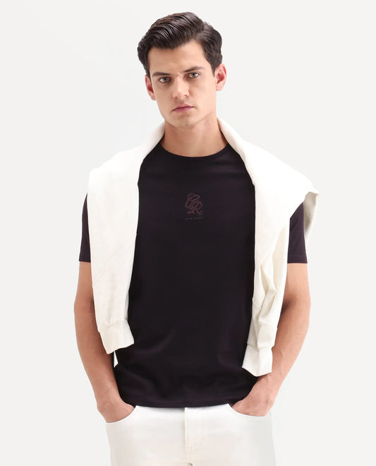 Rare Rabbit Men's Ject-S26 Dark Purple Cotton Fabric Half Sleeve Crew Neck Regular Fit Embroidered T-Shirt