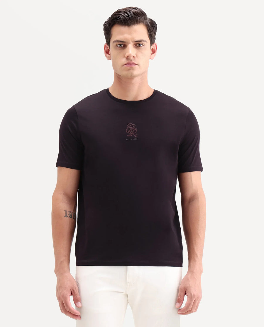 Rare Rabbit Men's Ject-S26 Dark Purple Cotton Fabric Half Sleeve Crew Neck Regular Fit Embroidered T-Shirt