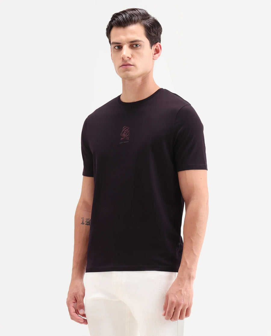 Rare Rabbit Men's Ject-S26 Dark Purple Cotton Fabric Half Sleeve Crew Neck Regular Fit Embroidered T-Shirt
