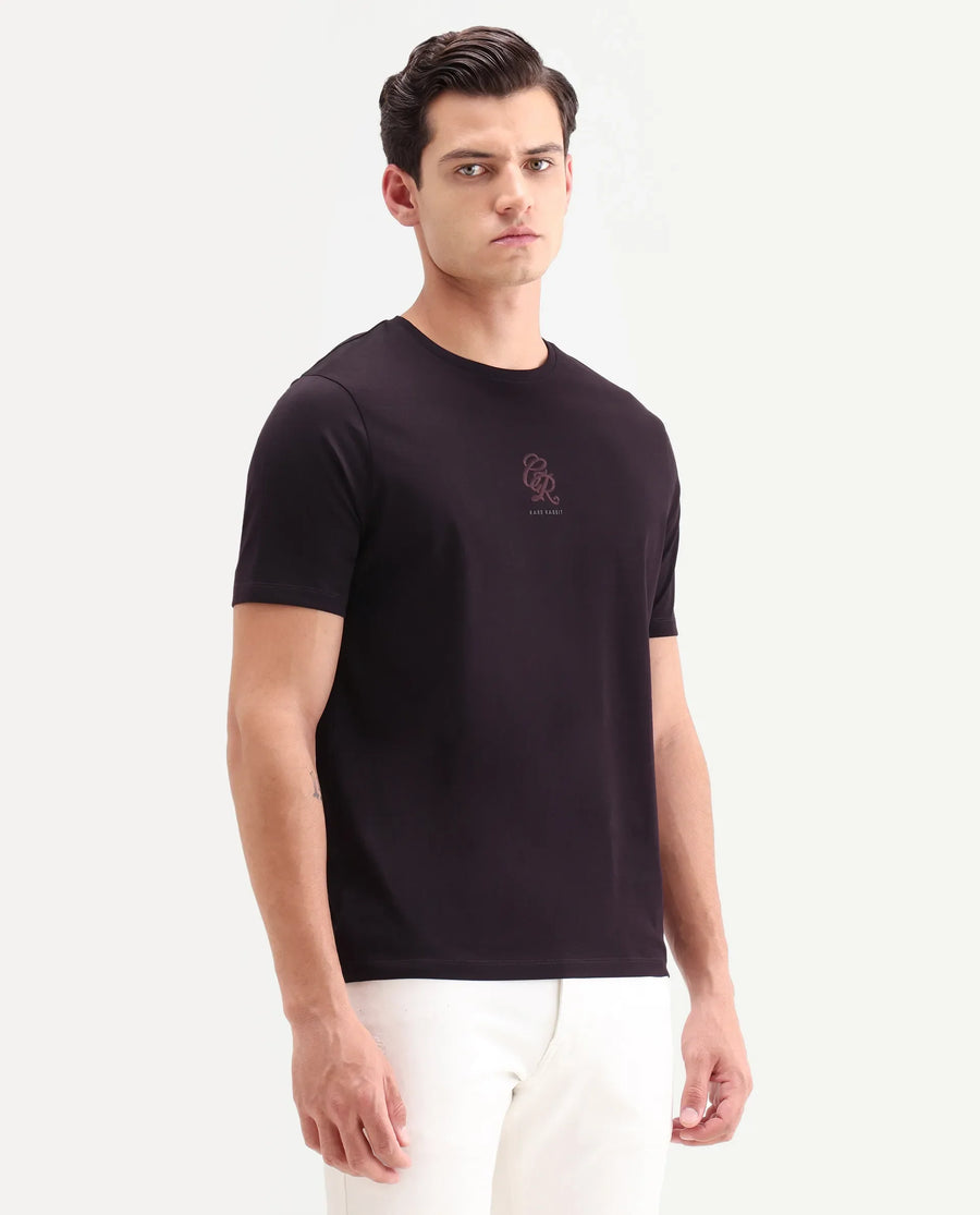 Rare Rabbit Men's Ject-S26 Dark Purple Cotton Fabric Half Sleeve Crew Neck Regular Fit Embroidered T-Shirt