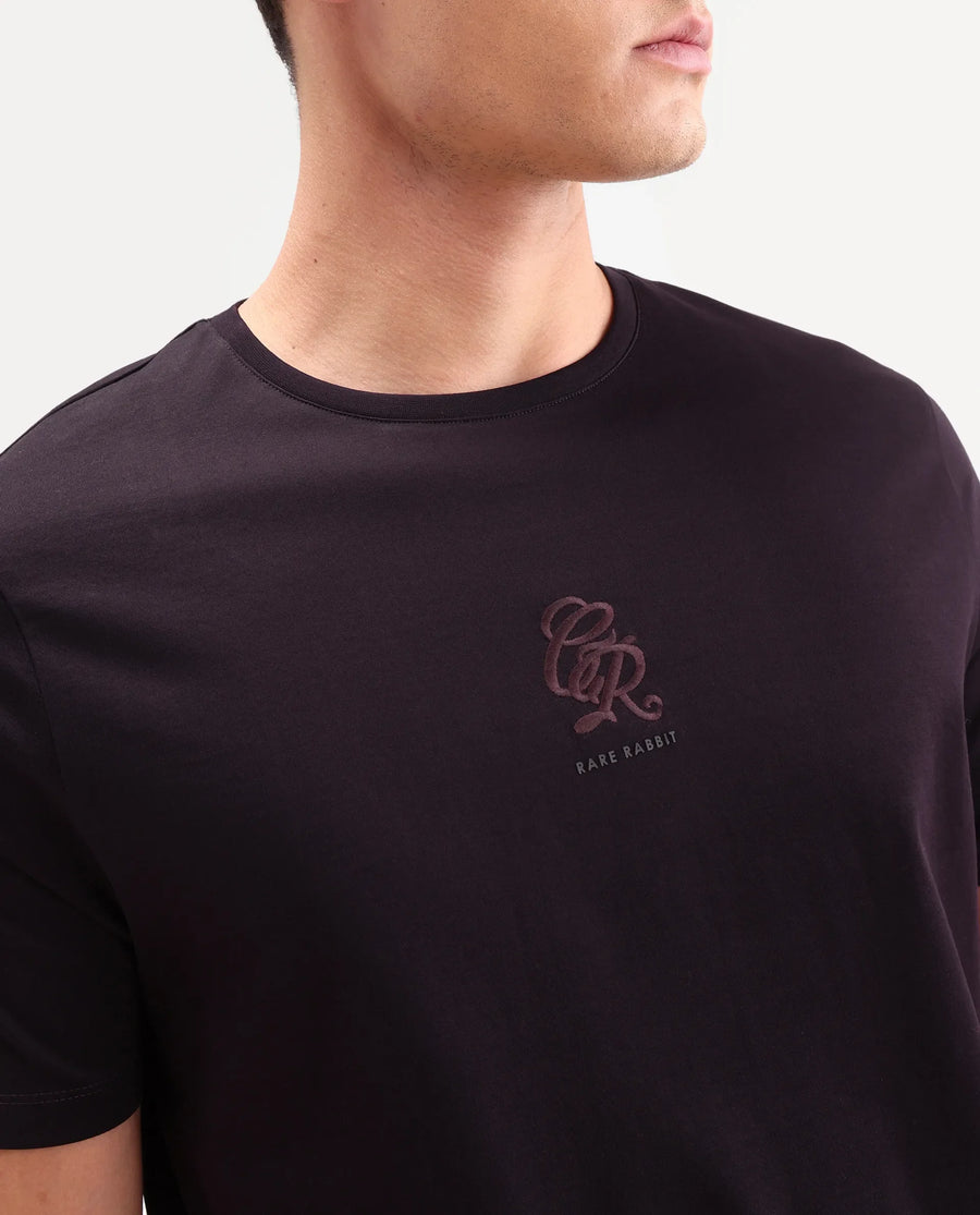 Rare Rabbit Men's Ject-S26 Dark Purple Cotton Fabric Half Sleeve Crew Neck Regular Fit Embroidered T-Shirt