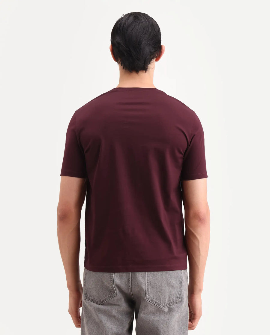 Rare Rabbit Men's Ject-S26 Maroon Cotton Fabric Half Sleeve Crew Neck Regular Fit Embroidered T-Shirt