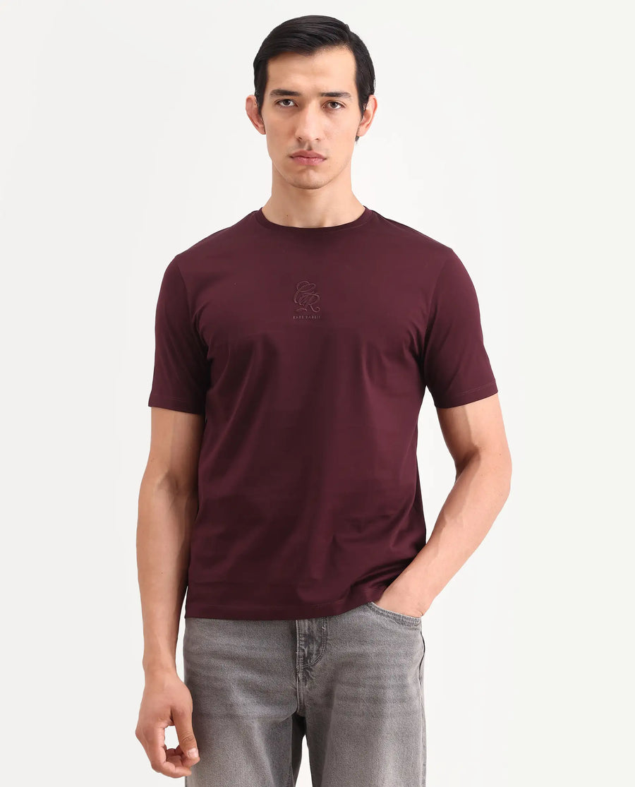 Rare Rabbit Men's Ject-S26 Maroon Cotton Fabric Half Sleeve Crew Neck Regular Fit Embroidered T-Shirt