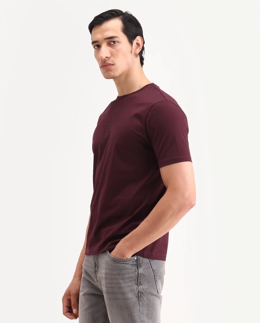 Rare Rabbit Men's Ject-S26 Maroon Cotton Fabric Half Sleeve Crew Neck Regular Fit Embroidered T-Shirt