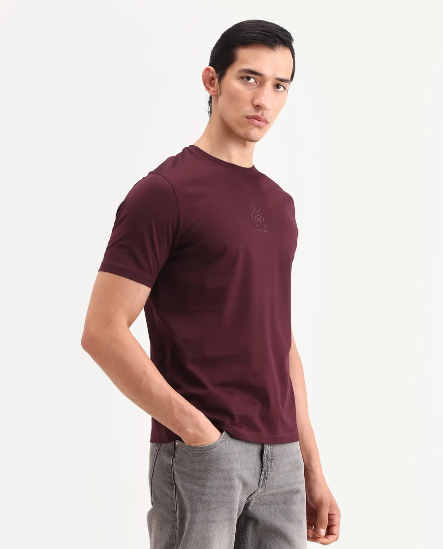 Rare Rabbit Men's Ject-S26 Maroon Cotton Fabric Half Sleeve Crew Neck Regular Fit Embroidered T-Shirt
