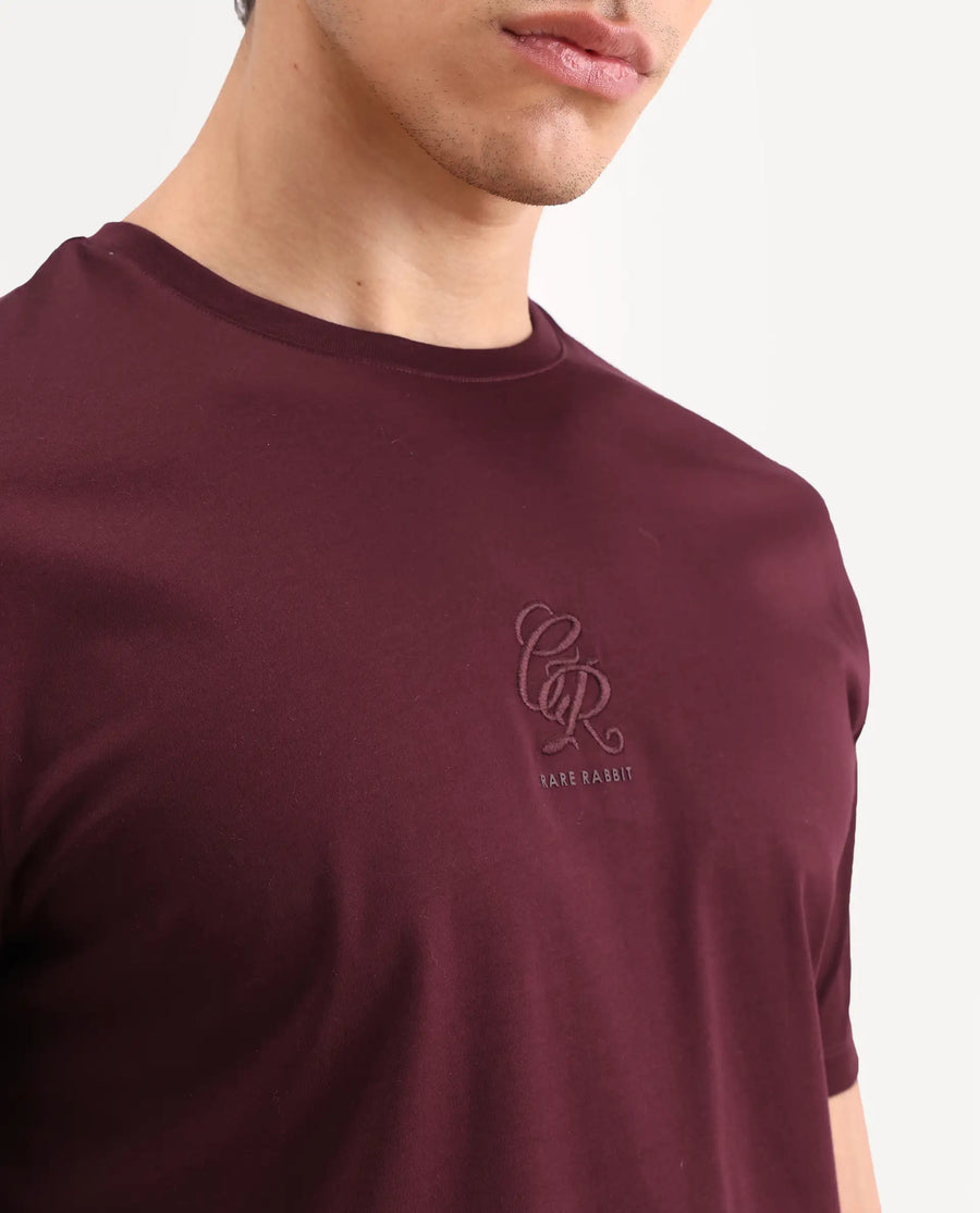 Rare Rabbit Men's Ject-S26 Maroon Cotton Fabric Half Sleeve Crew Neck Regular Fit Embroidered T-Shirt