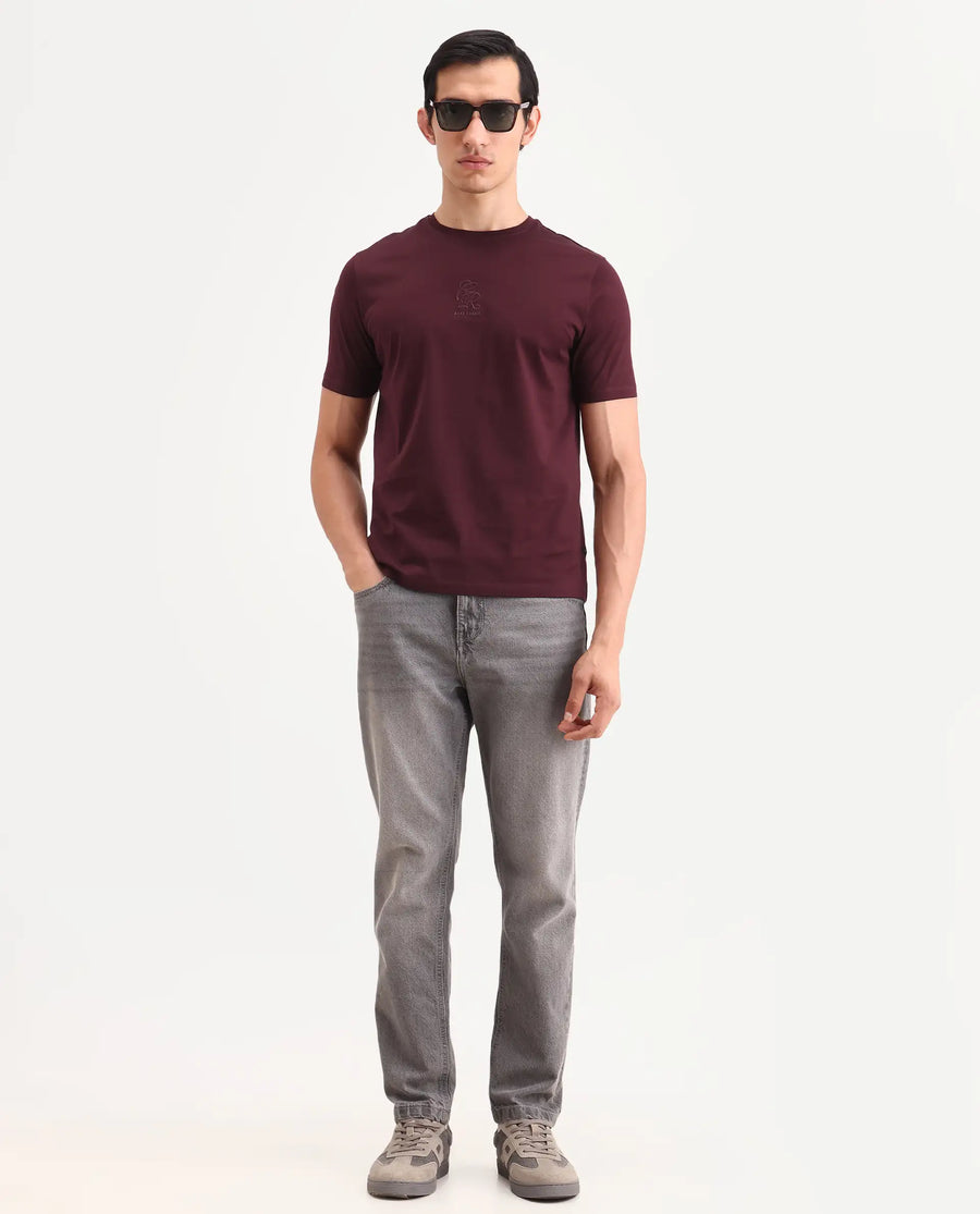 Rare Rabbit Men's Ject-S26 Maroon Cotton Fabric Half Sleeve Crew Neck Regular Fit Embroidered T-Shirt